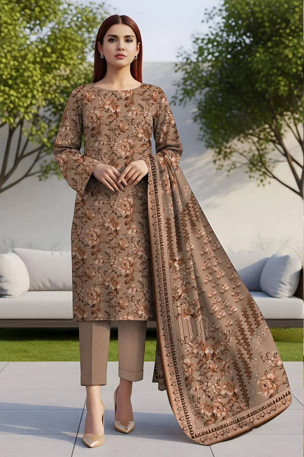 Pink printed unstitched lawn 3 piece suit front view